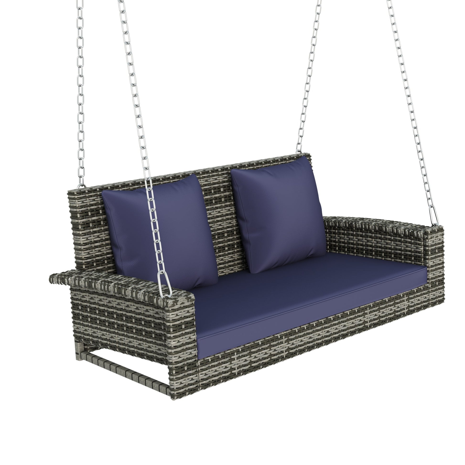 GO 2-Person Wicker Hanging Porch Swing with Chains, Cushion, Pillow, Rattan Swing Bench for Garden, Backyard, Pond. (Gray Wicker, Blue Cushion)-4