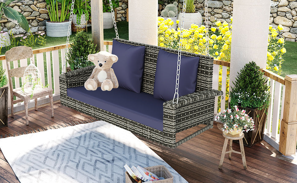 GO 2-Person Wicker Hanging Porch Swing with Chains, Cushion, Pillow, Rattan Swing Bench for Garden, Backyard, Pond. (Gray Wicker, Blue Cushion)-1