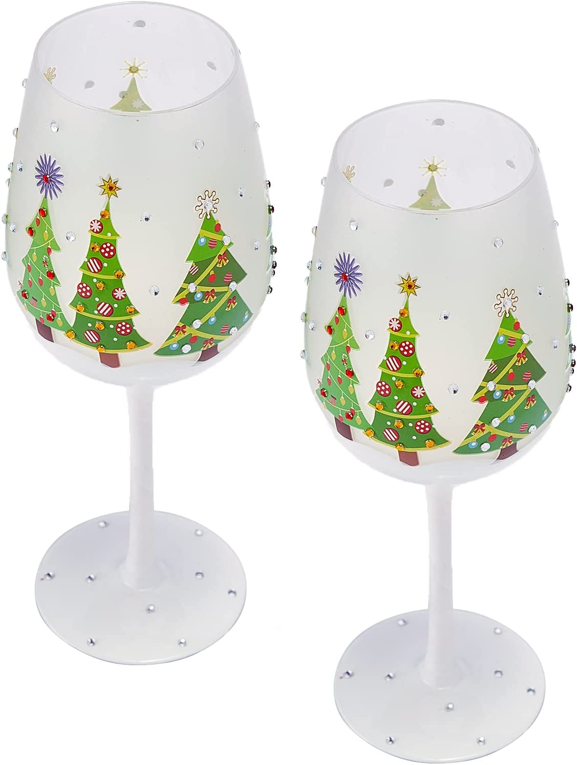 Set of 2 Stemmed Christmas Tree Design Wine Glasses - Hand Painted 14 oz Decorated Christmas Tree Glasses - Perfect for Wine, Champagne, Holiday Parties and Festivities - 8.75" High, 14 oz Capacity-3