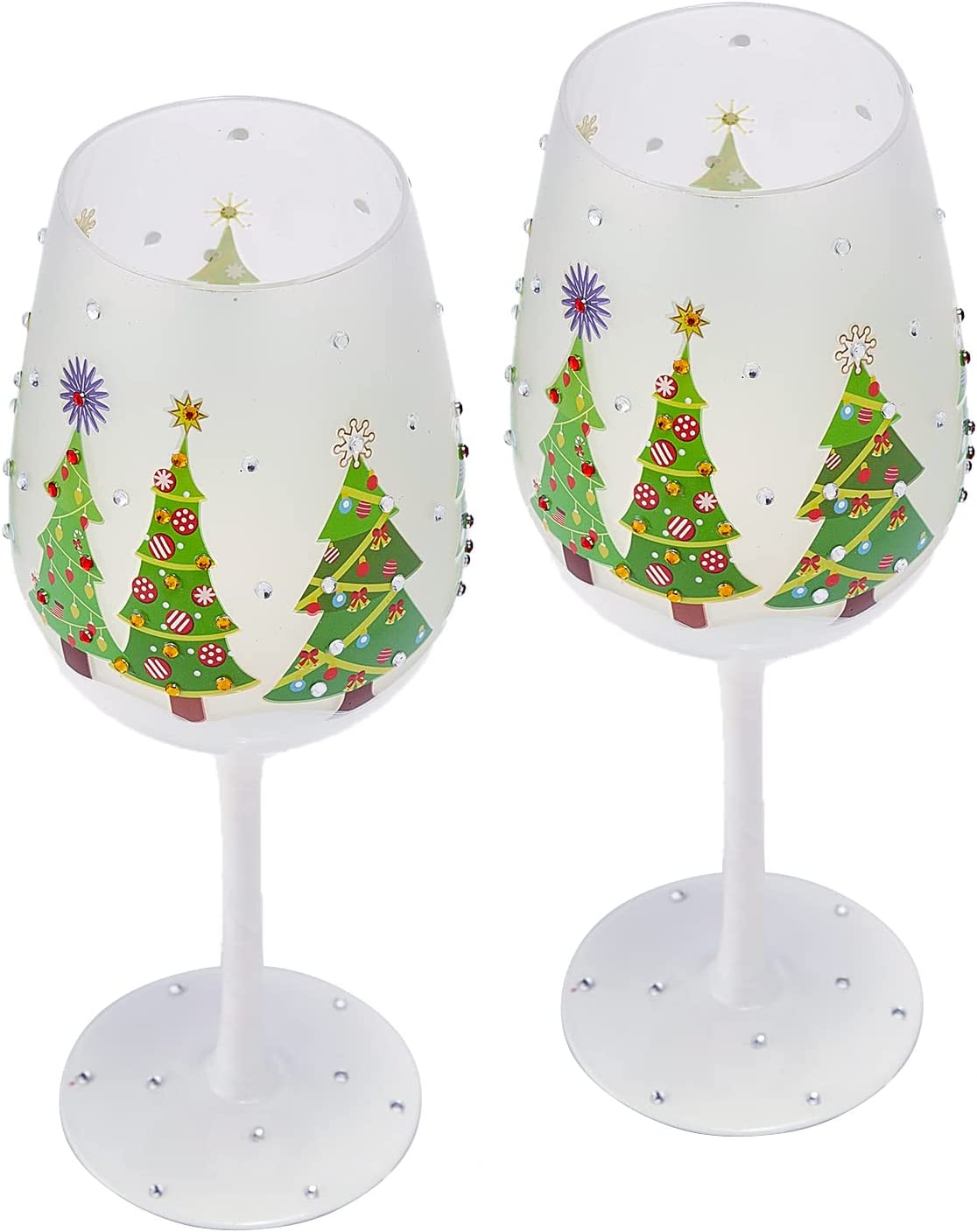 Set of 2 Stemmed Christmas Tree Design Wine Glasses - Hand Painted 14 oz Decorated Christmas Tree Glasses - Perfect for Wine, Champagne, Holiday Parties and Festivities - 8.75" High, 14 oz Capacity-5