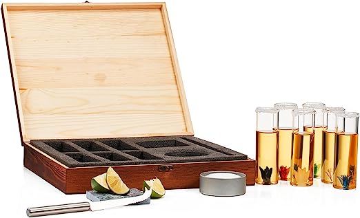 Tequila Shot Glass & Salt Gift Set for Men & Women | Six Agave Shot Glasses, Knife For Limes, One Skull Coaster, One Salt Tin | Skeleton Mahogany Wood Box Package For Tequila, Liquor Lovers-4