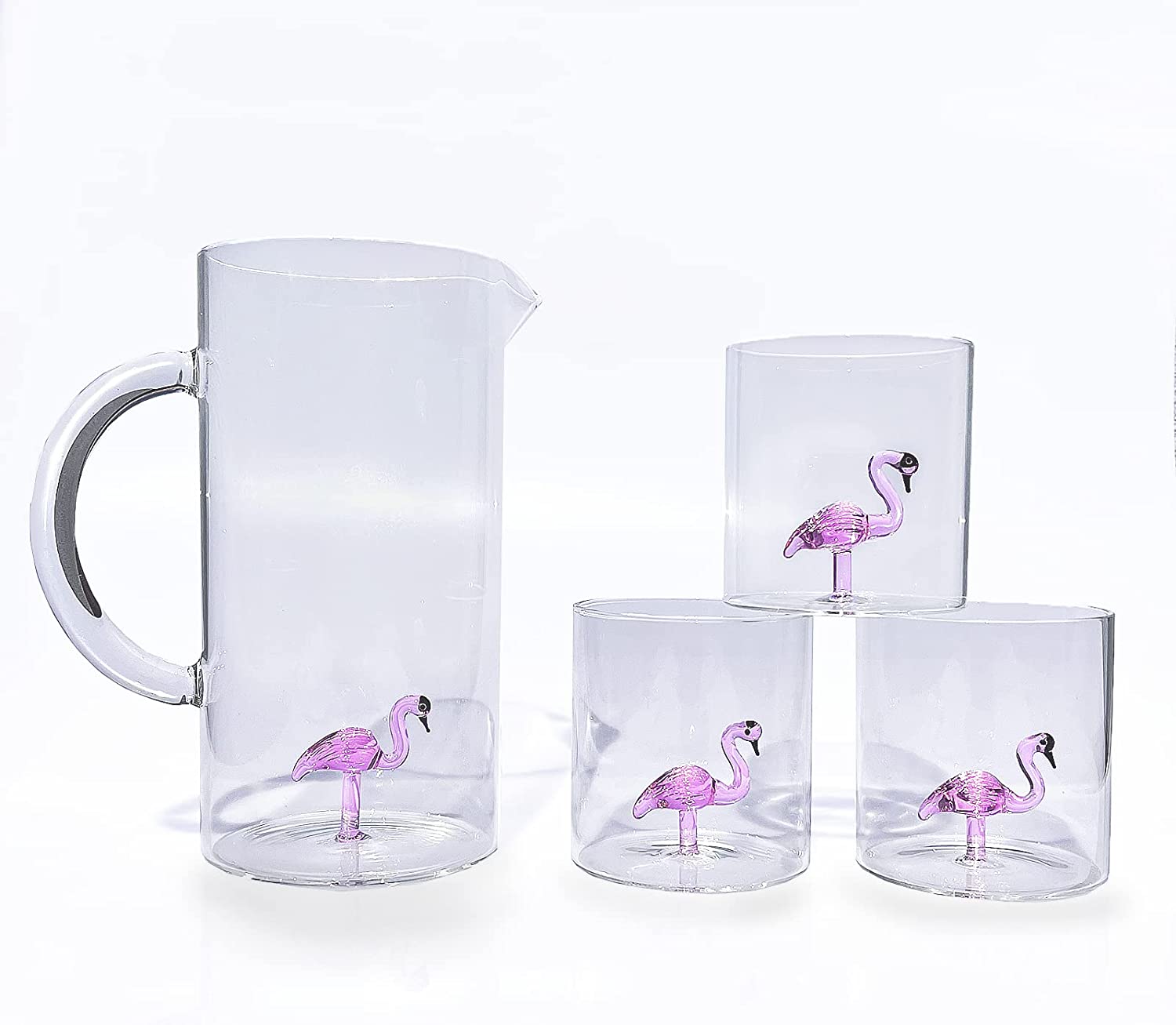 The Wine Savant Flamingo Pitcher & 4 Glasses Set Decanter with 4 Pink Flamingo Glasses 9oz Elegant Glass Set, Great for Water Iced Tea, Sangria, Lemonade, and More! 1300ml 9" H, Cute!-4