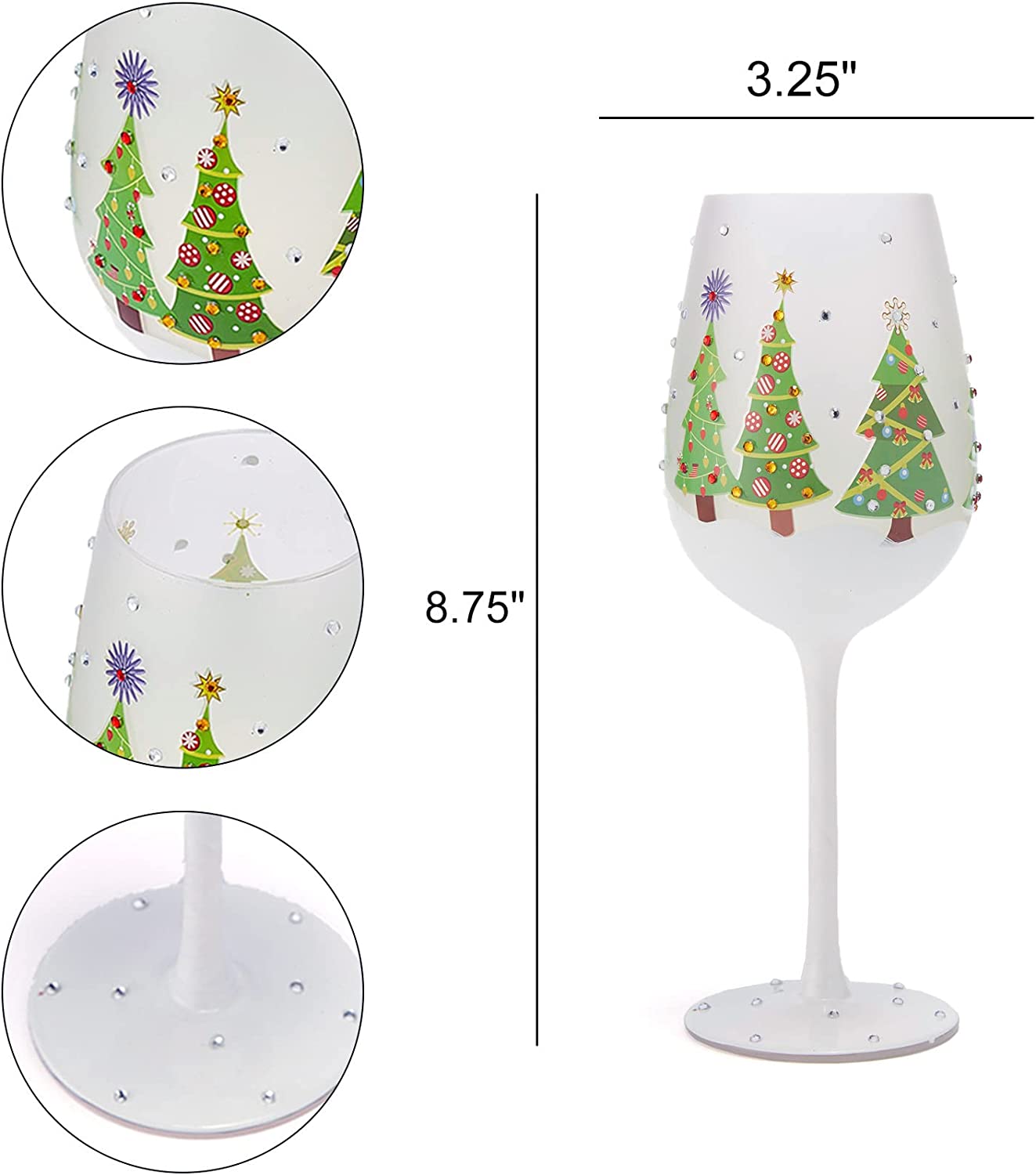 Set of 2 Stemmed Christmas Tree Design Wine Glasses - Hand Painted 14 oz Decorated Christmas Tree Glasses - Perfect for Wine, Champagne, Holiday Parties and Festivities - 8.75" High, 14 oz Capacity-4