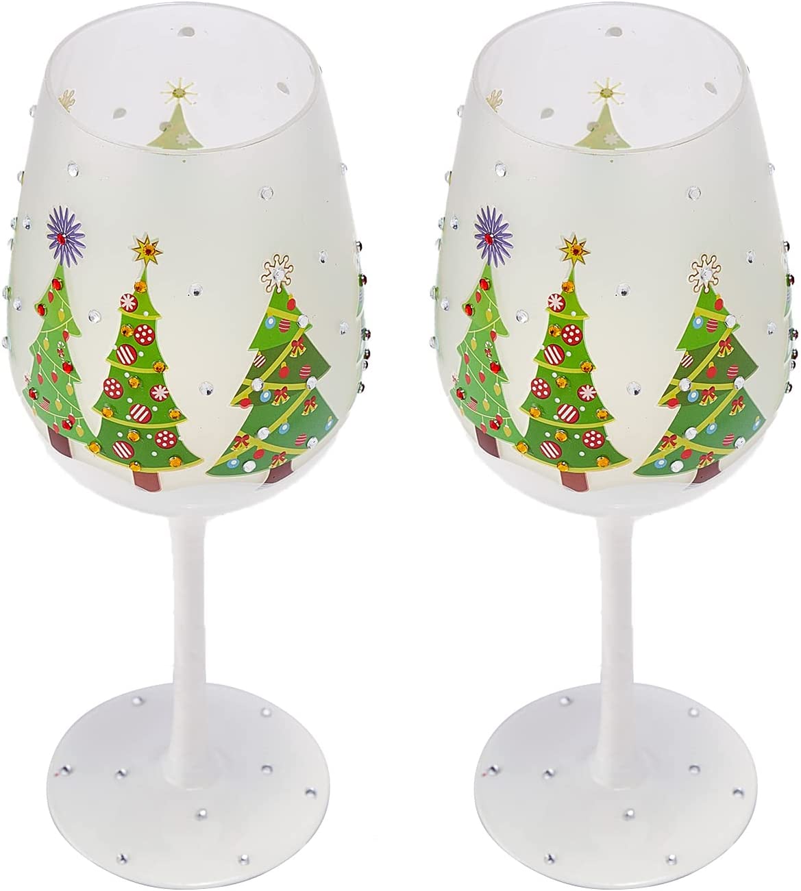 Set of 2 Stemmed Christmas Tree Design Wine Glasses - Hand Painted 14 oz Decorated Christmas Tree Glasses - Perfect for Wine, Champagne, Holiday Parties and Festivities - 8.75" High, 14 oz Capacity-2