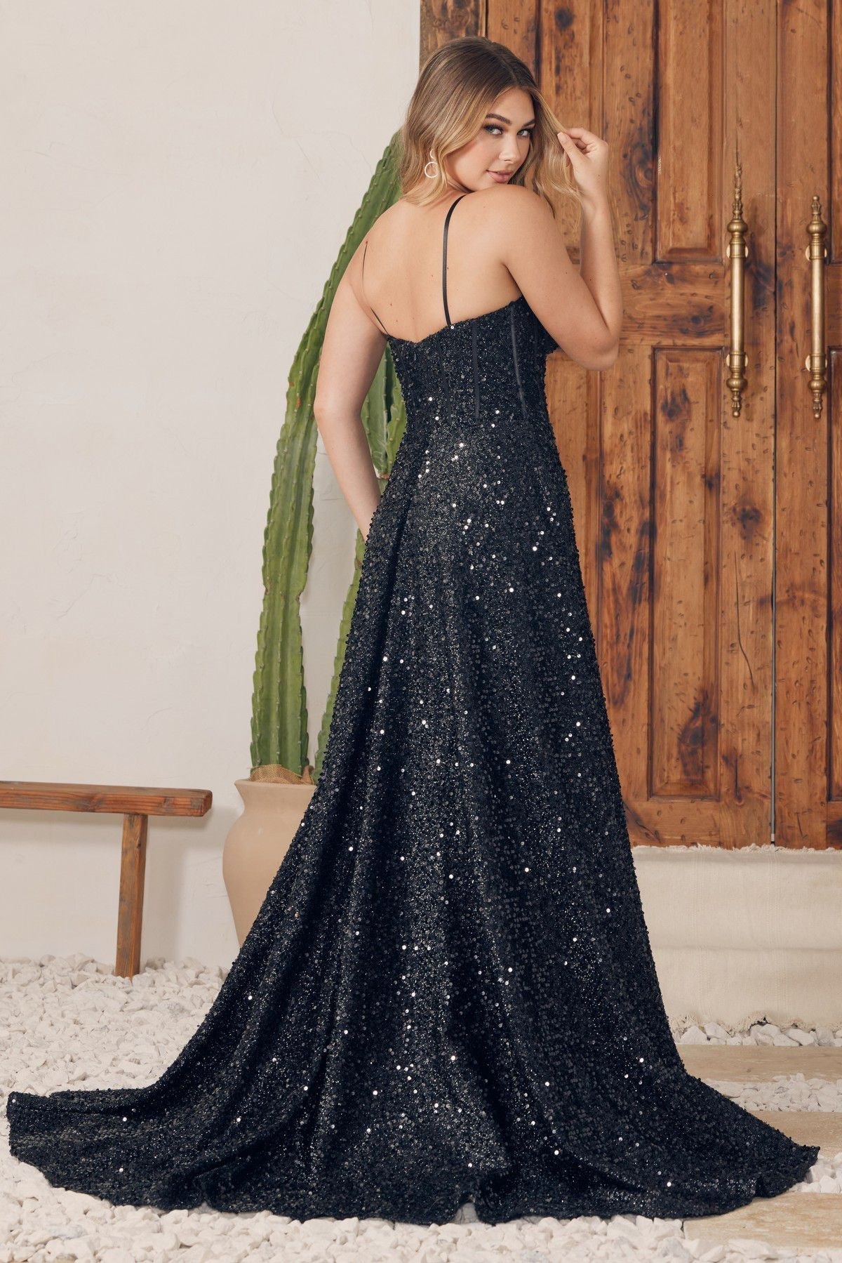 Shimmering Sequin Sweetheart Sultry Leg Slit Spaghetti Straps Long Prom Dress NXA1241-1