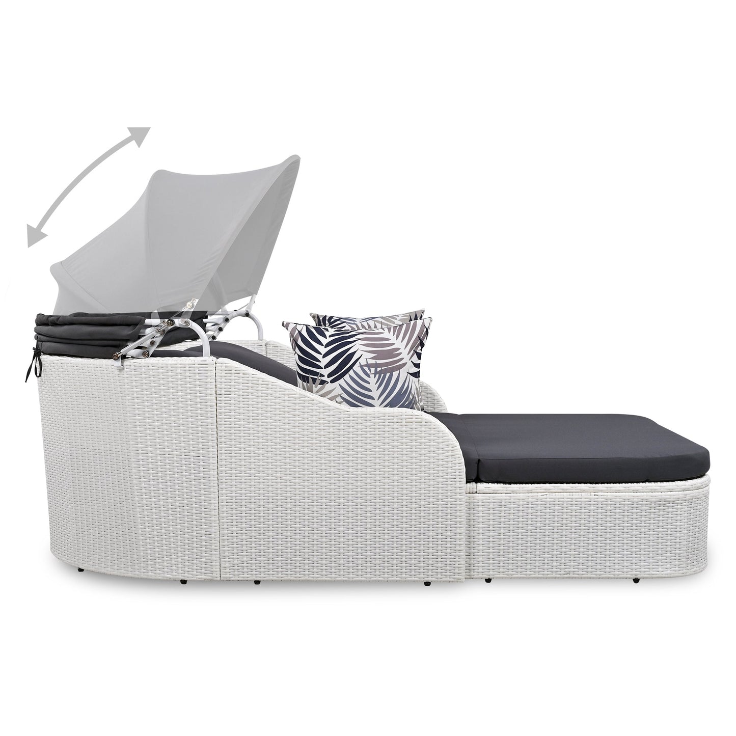 GO 79.9" Outdoor Sunbed with Adjustable Canopy, Double lounge, PE Rattan Daybed, White Wicker, Gray Cushion-6