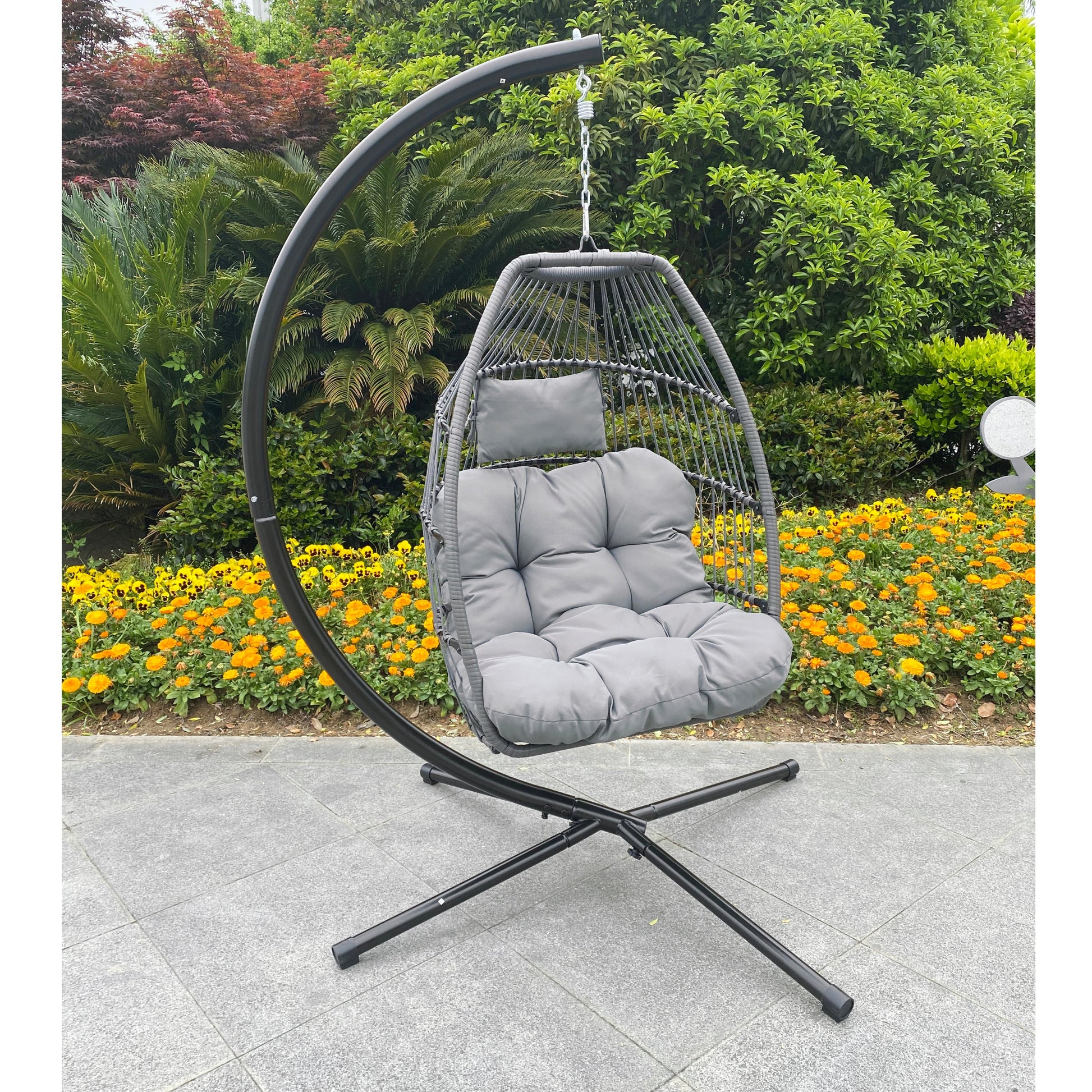 Outdoor Patio Wicker Folding Hanging Chair,Rattan Swing Hammock Egg Chair With C Type Bracket, With Cushion And Pillow-15