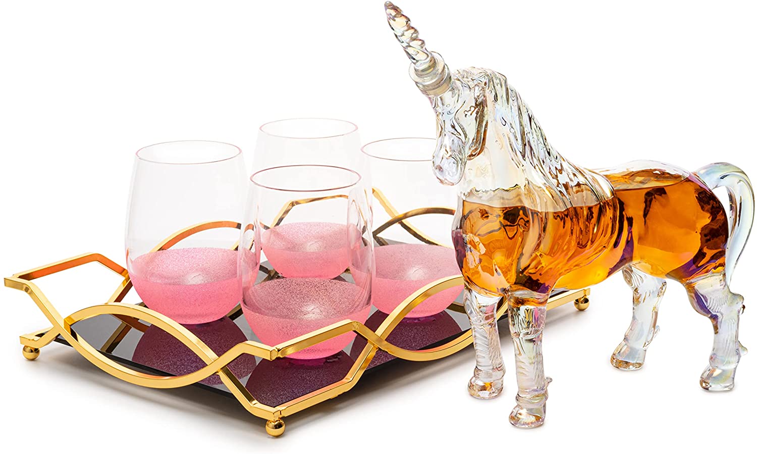 Iridescent Unicorn Wine Whiskey Decanter Set 750ml With 4 Pink Sparkle Glasses for Wine, Whiskey, Scotch, Tequila or Any Drink by The Wine Savant - Unicorn Gifts, Unicorn Lovers, 14" L, 10" W, 11" H-4