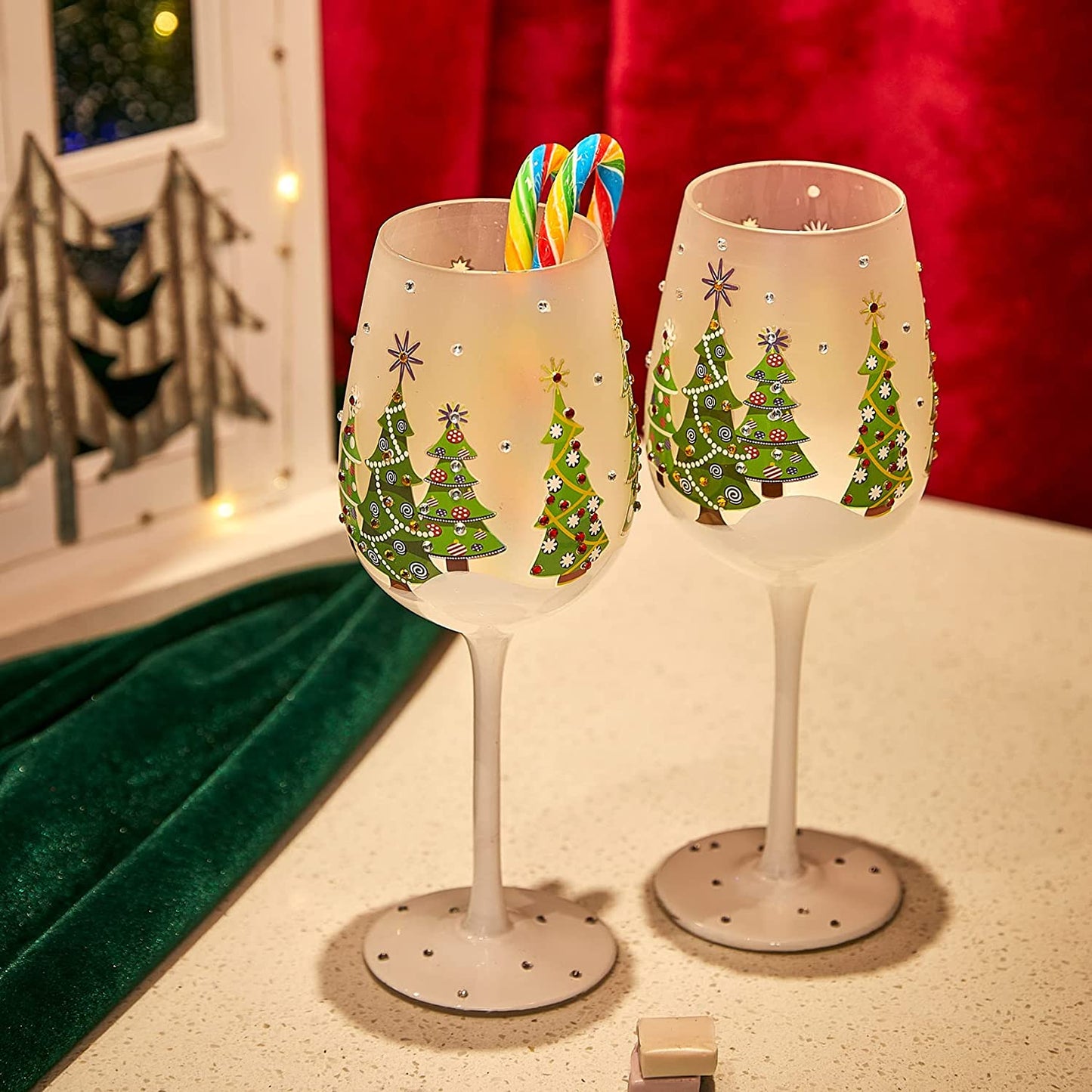 Set of 2 Stemmed Christmas Tree Design Wine Glasses - Hand Painted 14 oz Decorated Christmas Tree Glasses - Perfect for Wine, Champagne, Holiday Parties and Festivities - 8.75" High, 14 oz Capacity-1