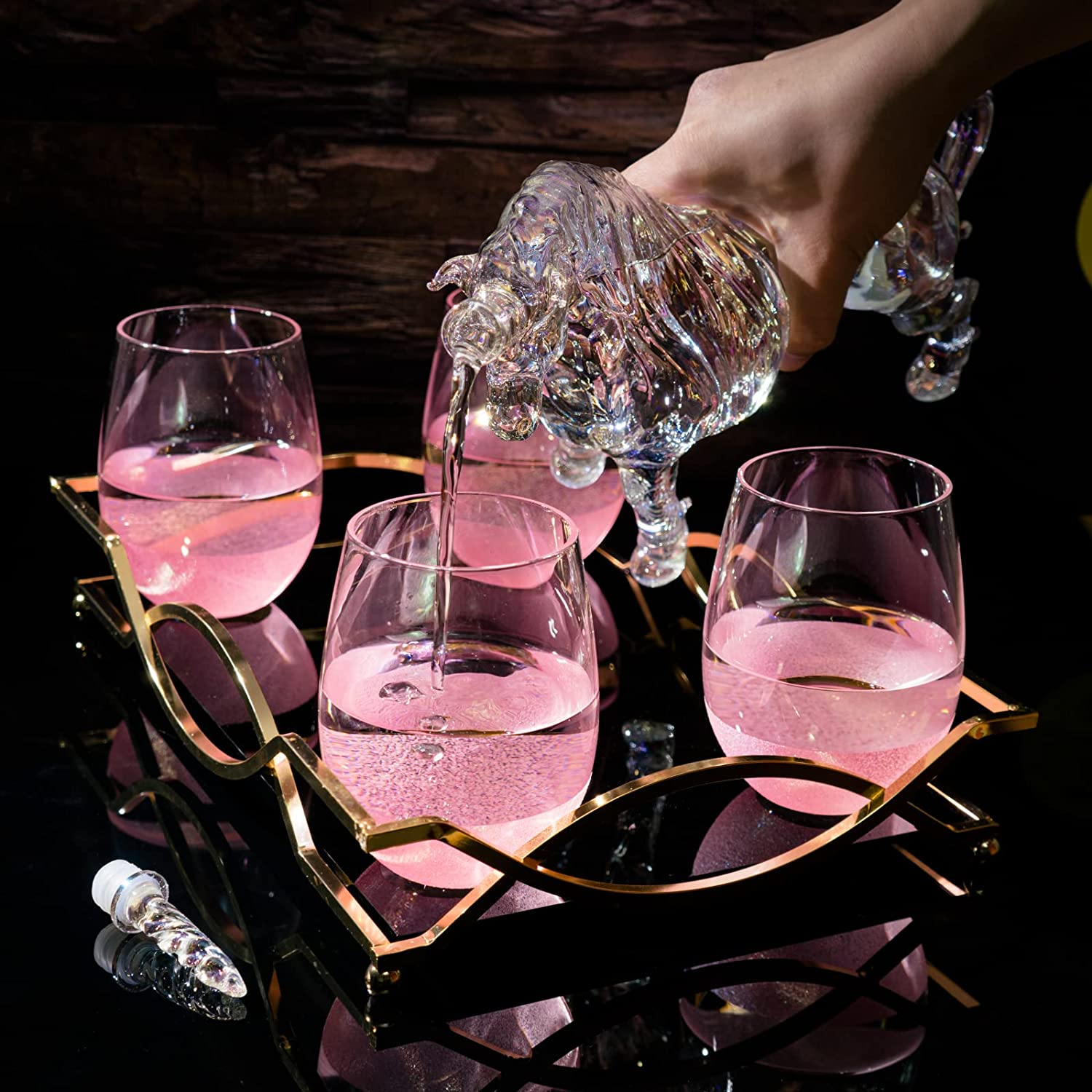 Iridescent Unicorn Wine Whiskey Decanter Set 750ml With 4 Pink Sparkle Glasses for Wine, Whiskey, Scotch, Tequila or Any Drink by The Wine Savant - Unicorn Gifts, Unicorn Lovers, 14" L, 10" W, 11" H-2