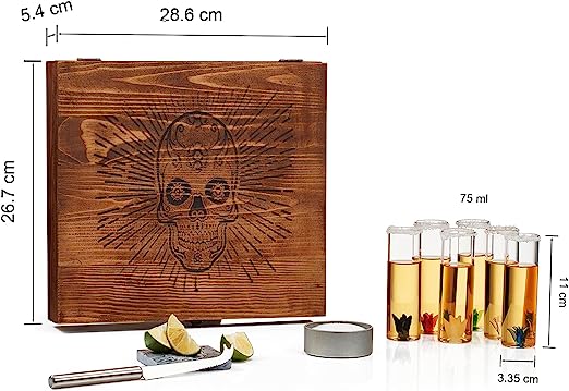 Tequila Shot Glass & Salt Gift Set for Men & Women | Six Agave Shot Glasses, Knife For Limes, One Skull Coaster, One Salt Tin | Skeleton Mahogany Wood Box Package For Tequila, Liquor Lovers-8