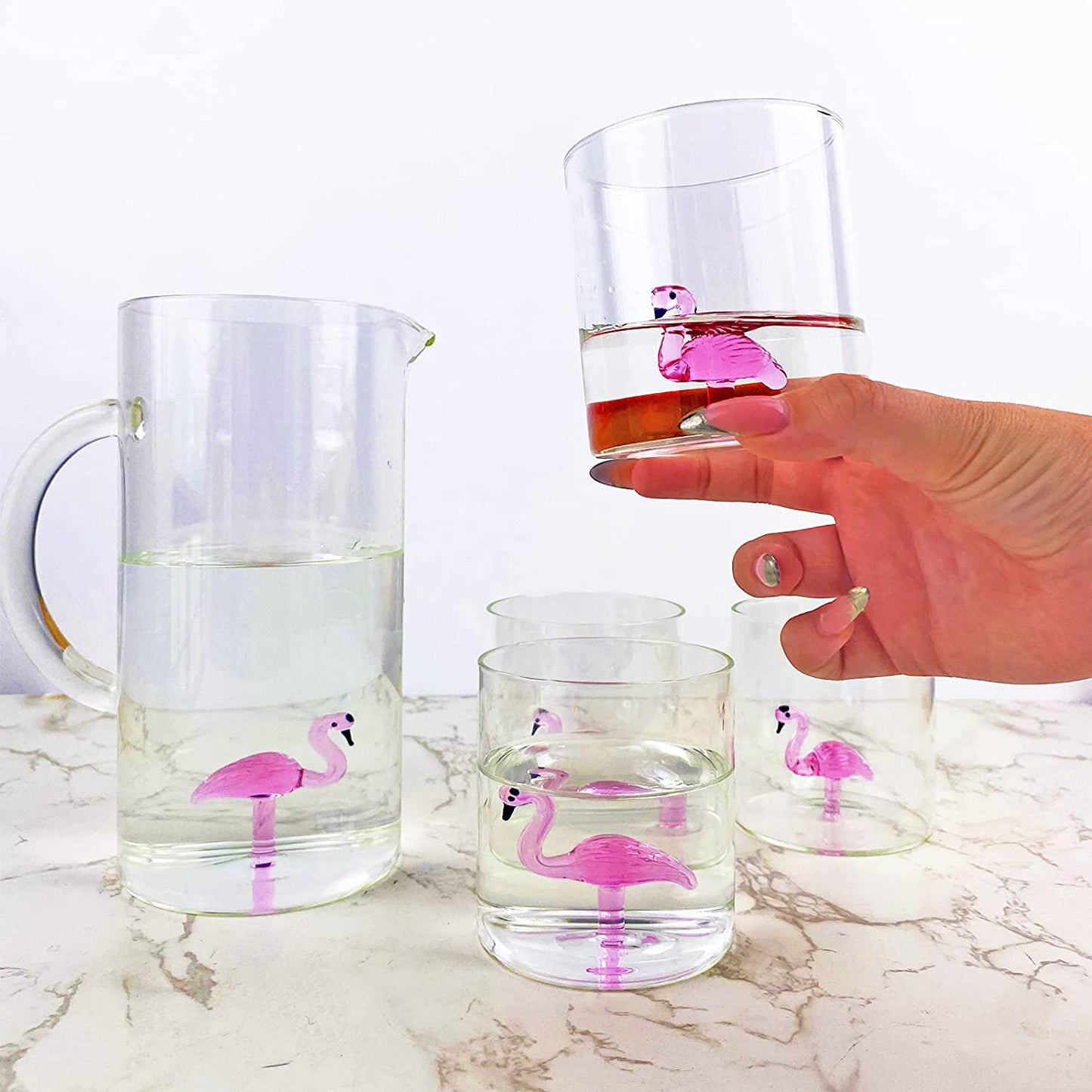 The Wine Savant Flamingo Pitcher & 4 Glasses Set Decanter with 4 Pink Flamingo Glasses 9oz Elegant Glass Set, Great for Water Iced Tea, Sangria, Lemonade, and More! 1300ml 9" H, Cute!-1