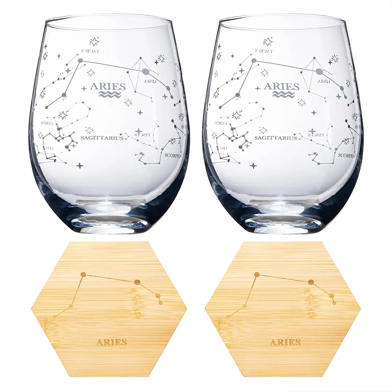 Set of 2 Zodiac Sign Wine Glasses with 2 Wooden Coasters by The Wine Savant - Astrology Drinking Glass Set with Etched Constellation Tumblers for Juice, Water Home Bar Horoscope Gifts 18oz (Aries)-4