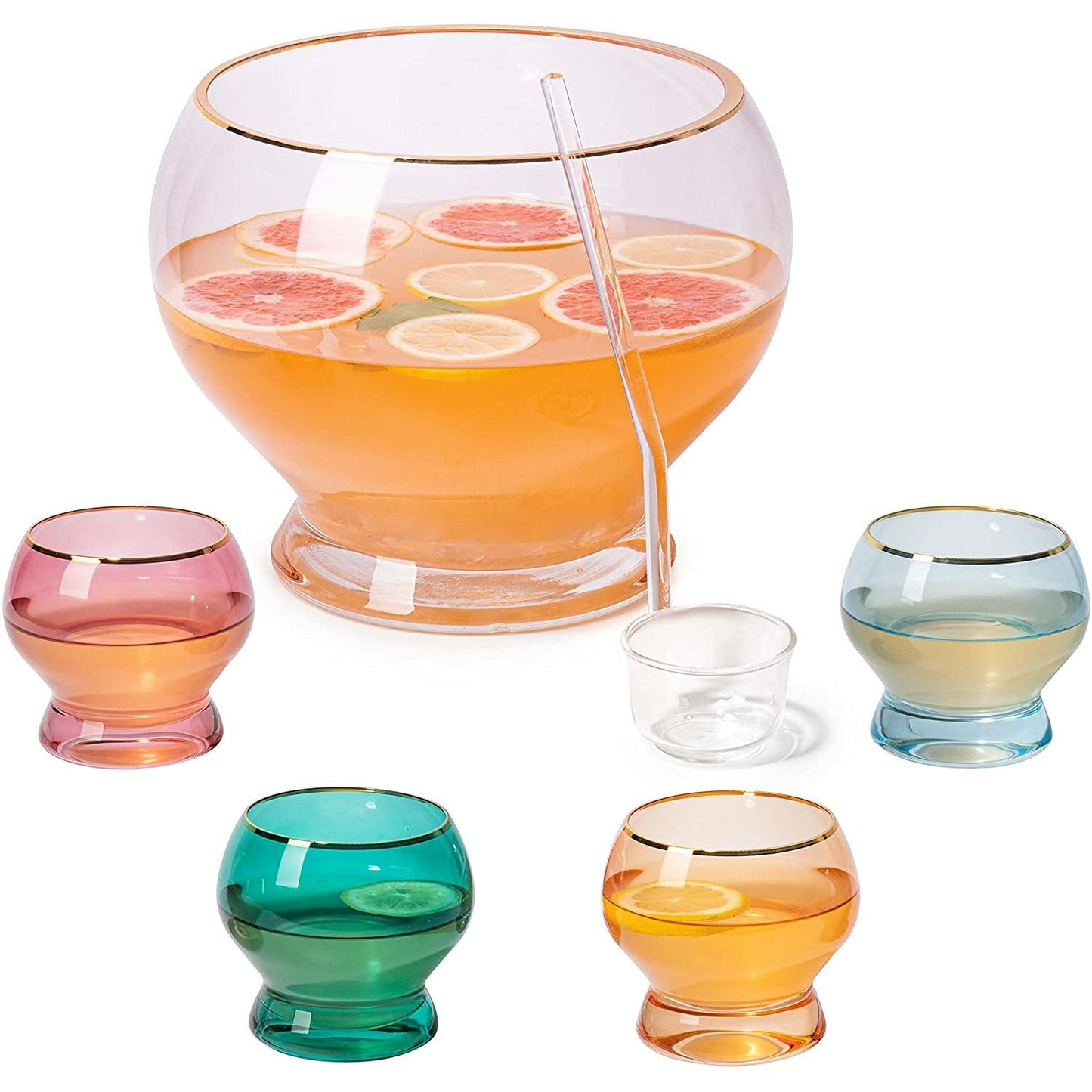 Colorful 1.7 Gallon Punch Bowl with 4 10oz Glasses Set with Ladle Gift For Mothers Day, Her, Wife, Mom, Friend - Colored Set Margarita, Cocktails, Juice, Punch Drink bowl for Parties, Weddings-4