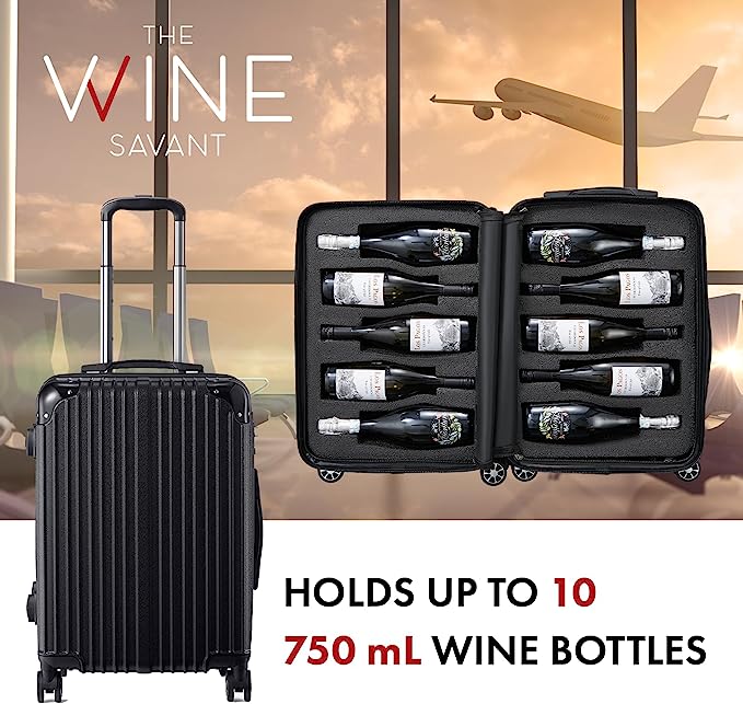 Wine Bottle Suitcase | Holds 10 Standard 750 ML Size Bottles | Universal Airplane Luggage Case, TSA Approved Wheeled Bag For Professionals and Consumers, Gift For Wine Lovers & Connoisseurs (24 IN)-1