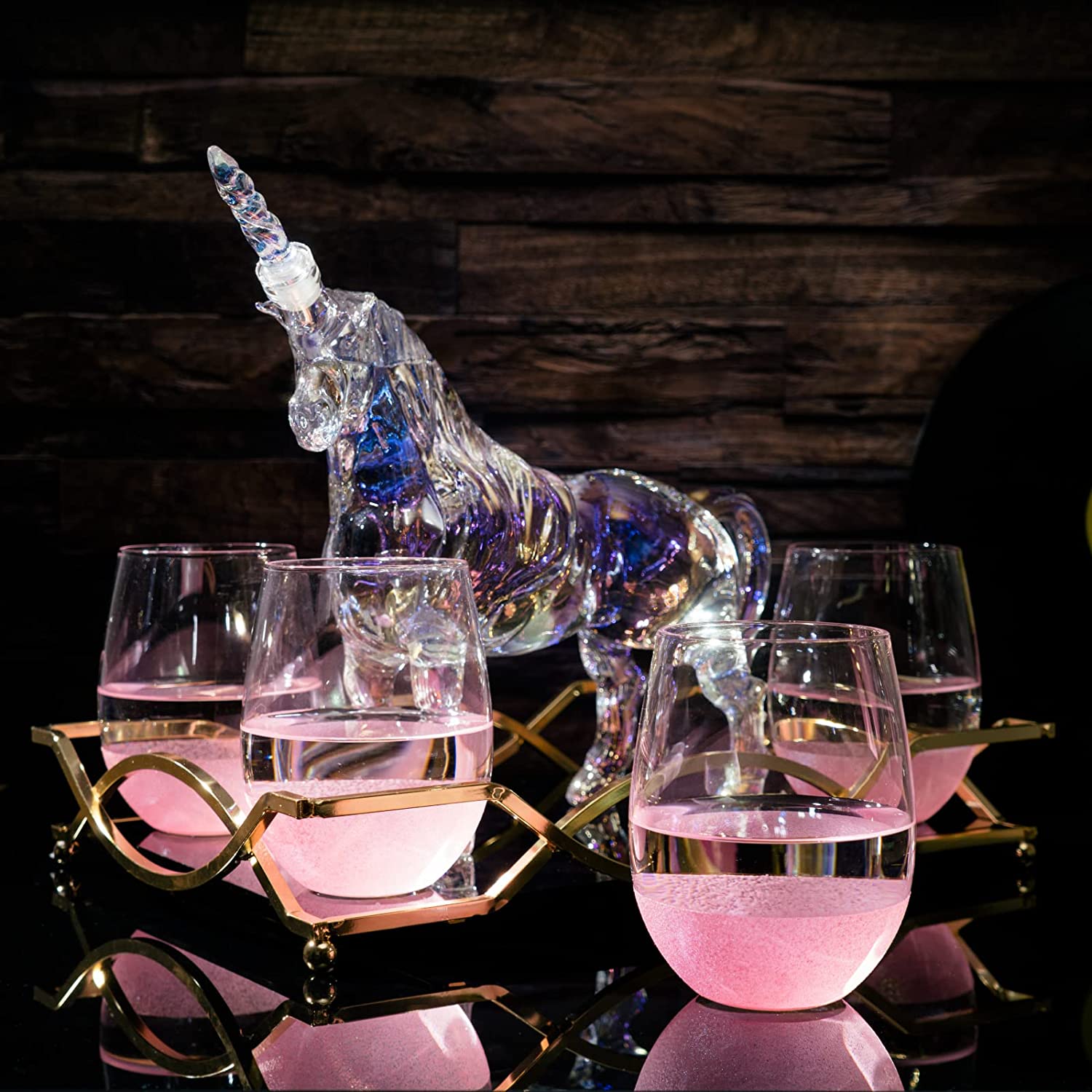 Iridescent Unicorn Wine Whiskey Decanter Set 750ml With 4 Pink Sparkle Glasses for Wine, Whiskey, Scotch, Tequila or Any Drink by The Wine Savant - Unicorn Gifts, Unicorn Lovers, 14" L, 10" W, 11" H-1