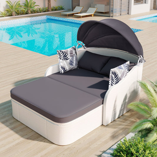 GO 79.9" Outdoor Sunbed with Adjustable Canopy, Double lounge, PE Rattan Daybed, White Wicker, Gray Cushion-0