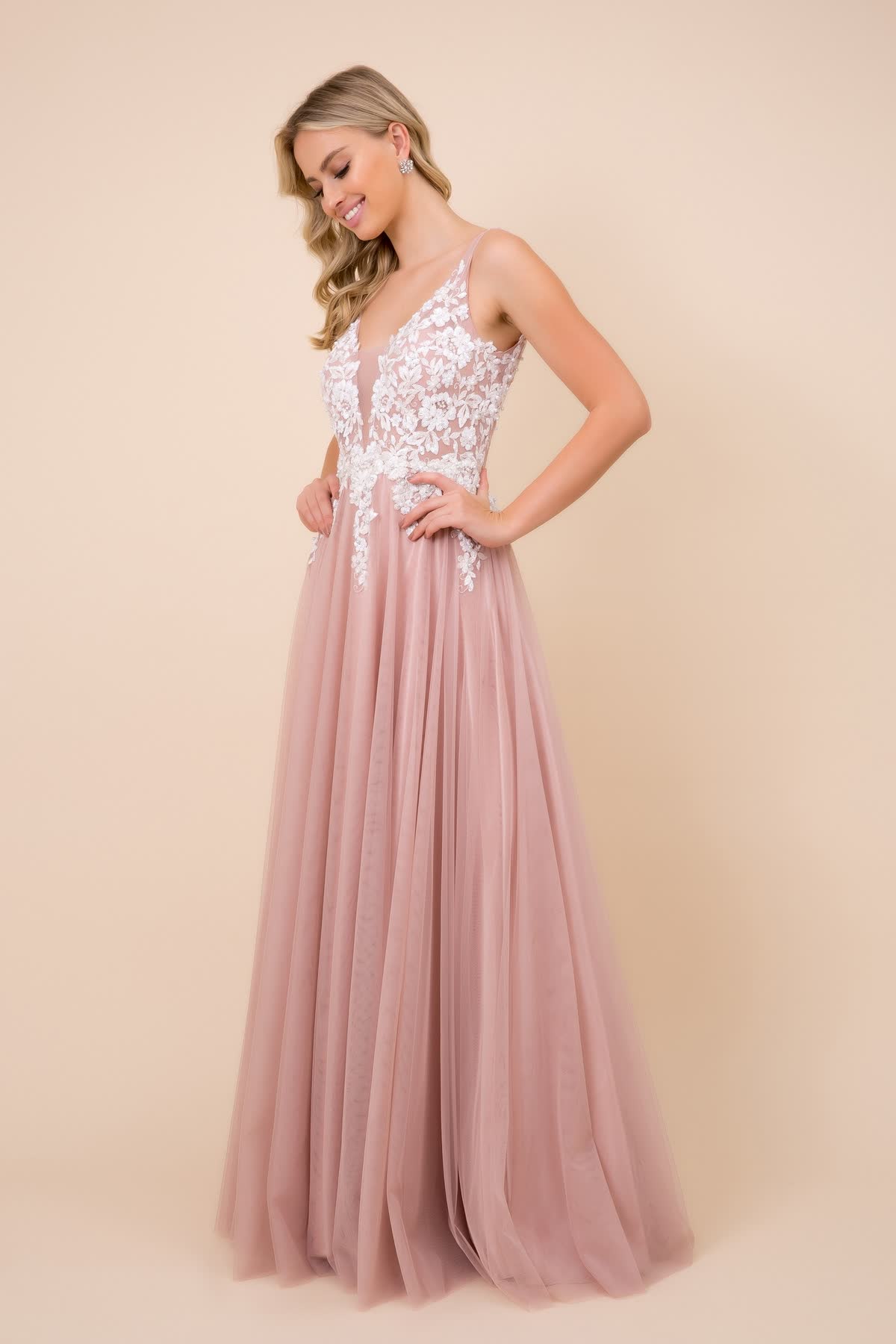 Tulle Embroidered Bodice Cutout Open Back Long Bridesmaid Dress NXG048-6