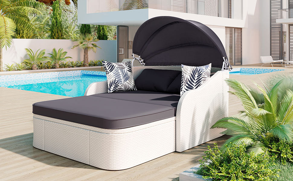 GO 79.9" Outdoor Sunbed with Adjustable Canopy, Double lounge, PE Rattan Daybed, White Wicker, Gray Cushion-3