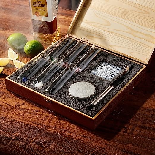 Tequila Shot Glass & Salt Gift Set for Men & Women | Six Agave Shot Glasses, Knife For Limes, One Skull Coaster, One Salt Tin | Skeleton Mahogany Wood Box Package For Tequila, Liquor Lovers-1