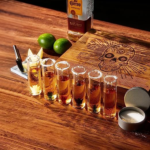 Tequila Shot Glass & Salt Gift Set for Men & Women | Six Agave Shot Glasses, Knife For Limes, One Skull Coaster, One Salt Tin | Skeleton Mahogany Wood Box Package For Tequila, Liquor Lovers-2