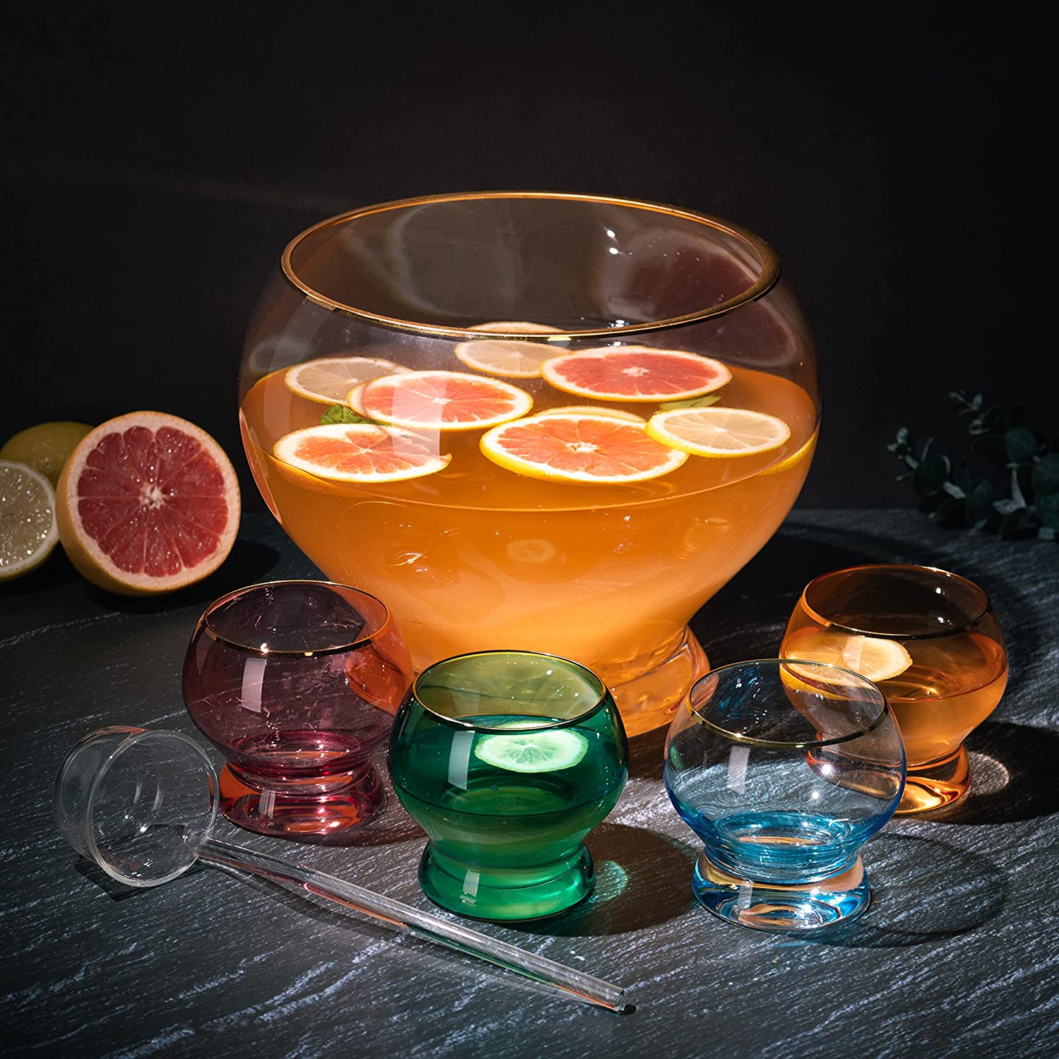 Colorful 1.7 Gallon Punch Bowl with 4 10oz Glasses Set with Ladle Gift For Mothers Day, Her, Wife, Mom, Friend - Colored Set Margarita, Cocktails, Juice, Punch Drink bowl for Parties, Weddings-3