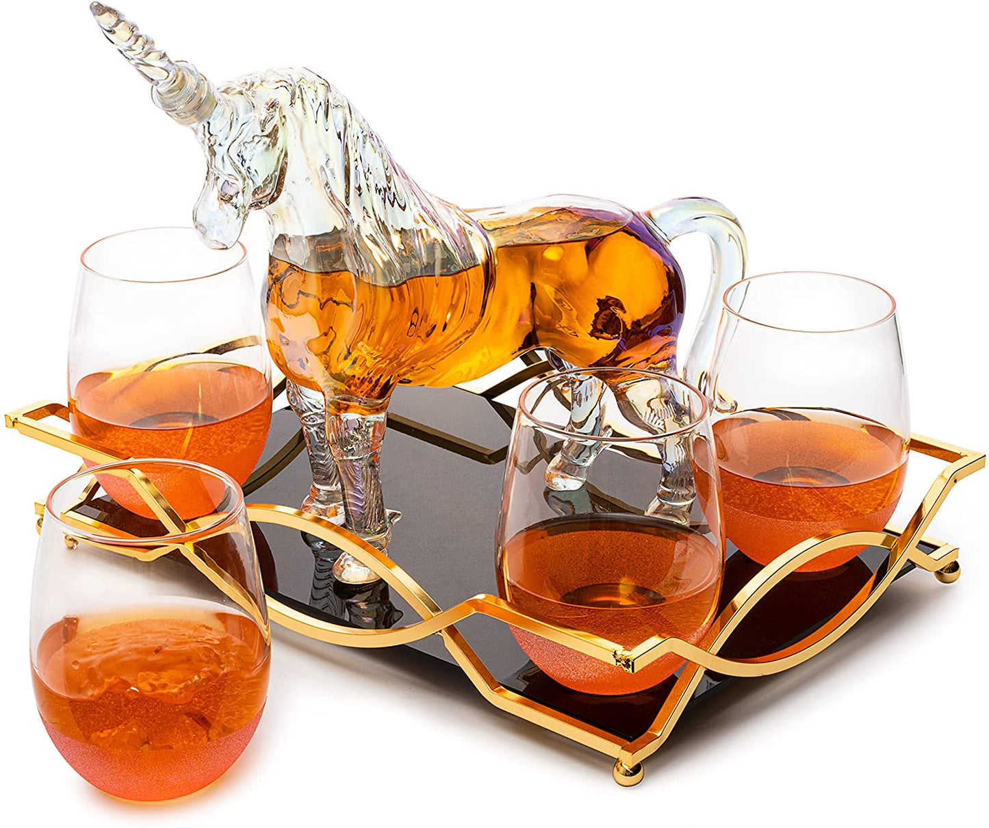 Iridescent Unicorn Wine Whiskey Decanter Set 750ml With 4 Pink Sparkle Glasses for Wine, Whiskey, Scotch, Tequila or Any Drink by The Wine Savant - Unicorn Gifts, Unicorn Lovers, 14" L, 10" W, 11" H-5