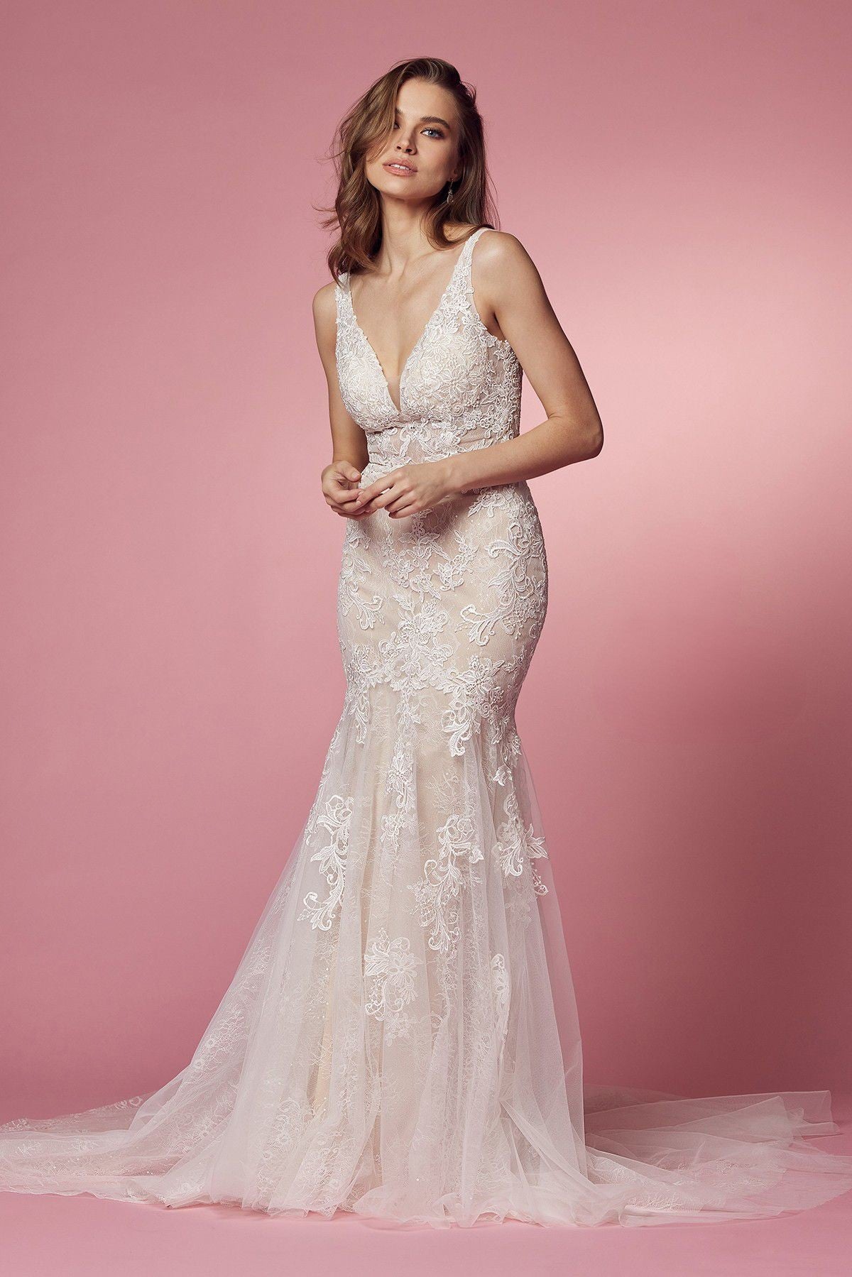 Plunging Neckline Laced Mermaid Long Wedding Dress NXH493-5