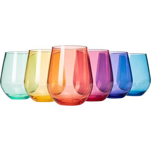 European Style Crystal, Stemless Wine Glasses, Acrylic Glasses Tritan Drinkware, Unbreakable Colored, 6 - Set - Shatterproof BPA-free plastic, Reusable, All Purpose Glassware, 15oz-0