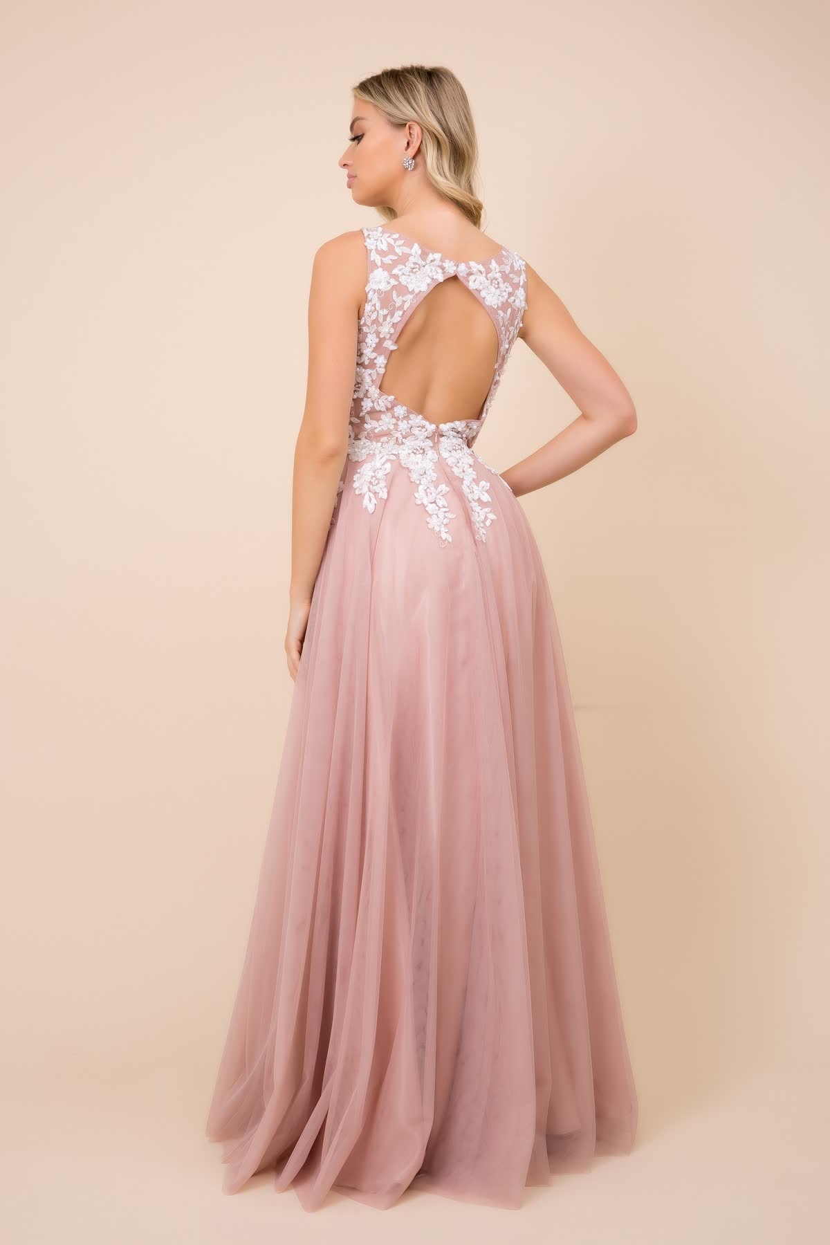 Tulle Embroidered Bodice Cutout Open Back Long Bridesmaid Dress NXG048-7