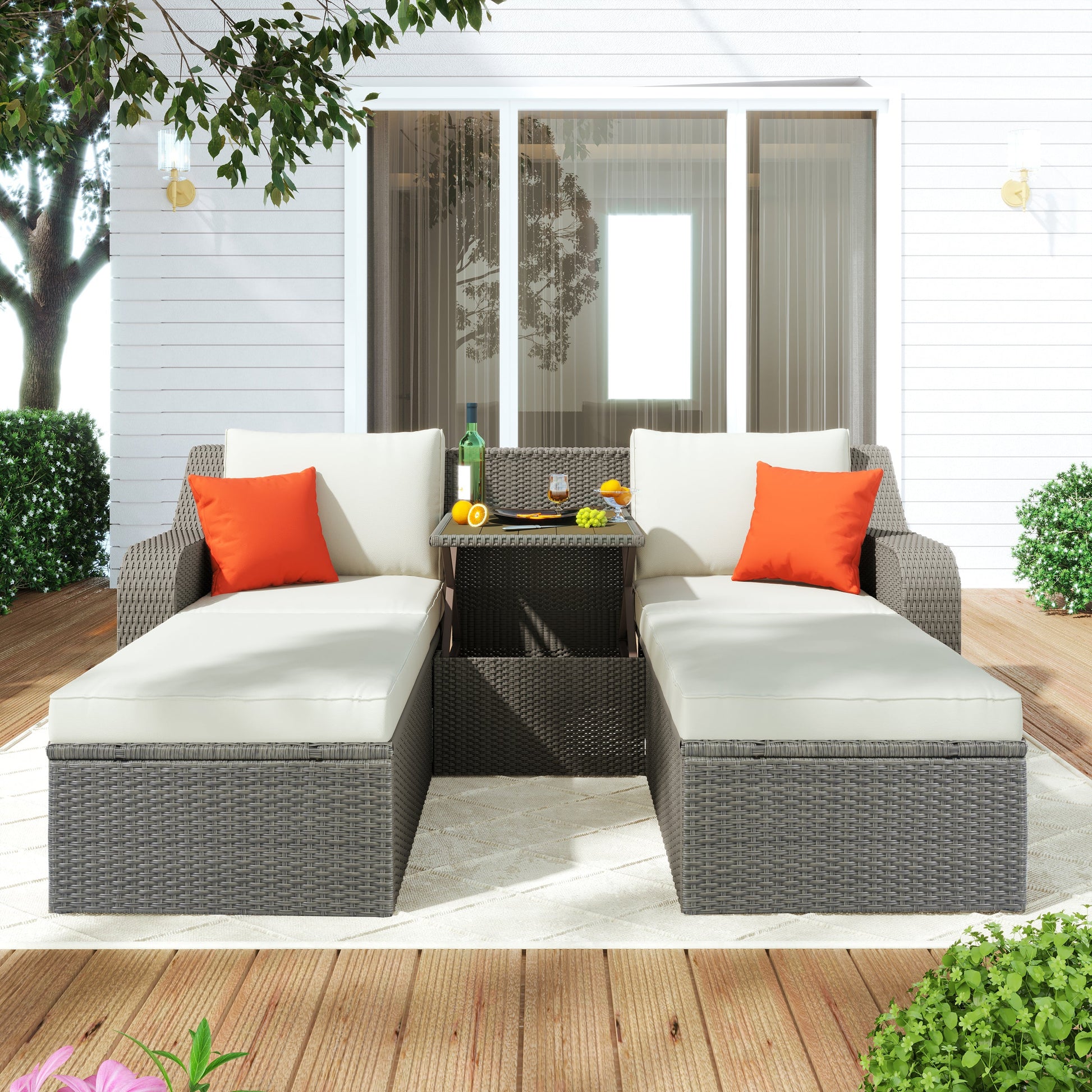 U_STYLE Patio Furniture Sets, 3-Piece Patio Wicker Sofa with  Cushions, Pillows, Ottomans and Lift Top Coffee Table-1