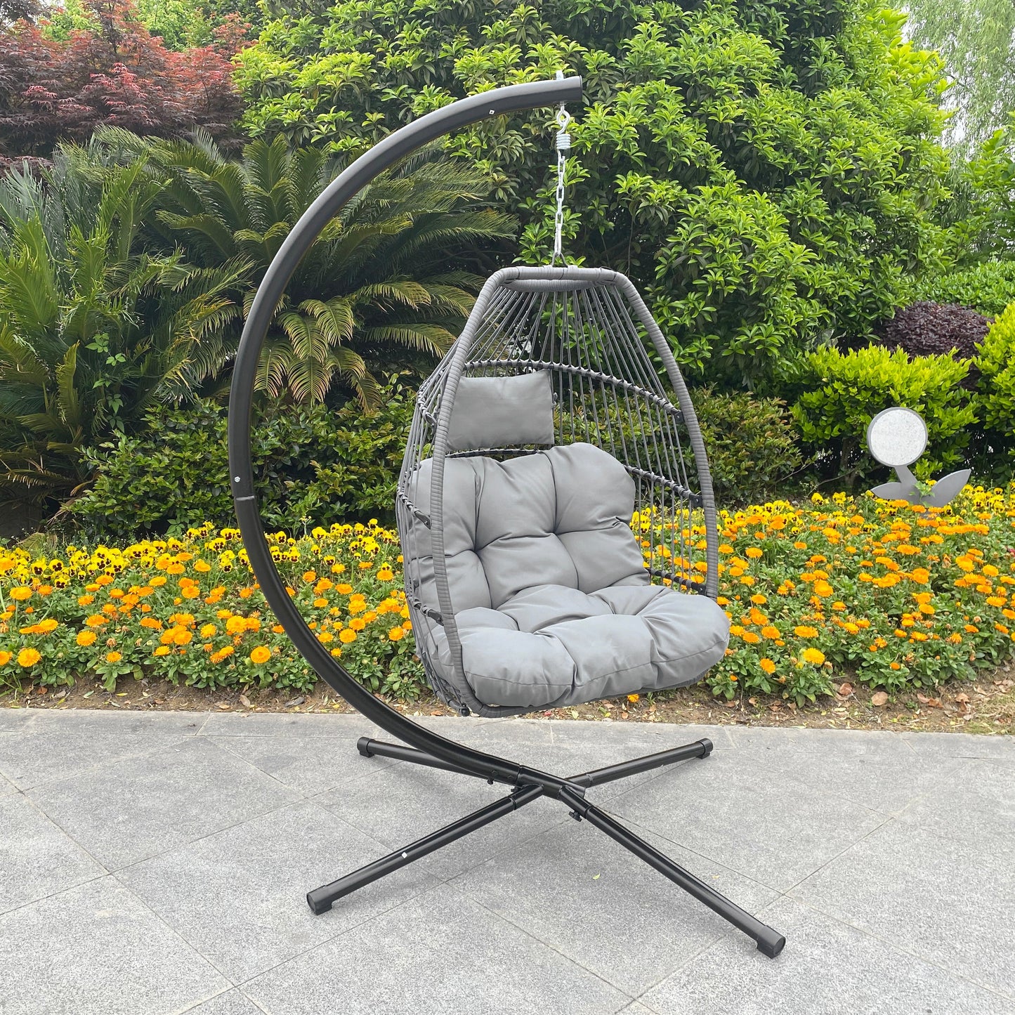 Outdoor Patio Wicker Folding Hanging Chair,Rattan Swing Hammock Egg Chair With C Type Bracket, With Cushion And Pillow-13