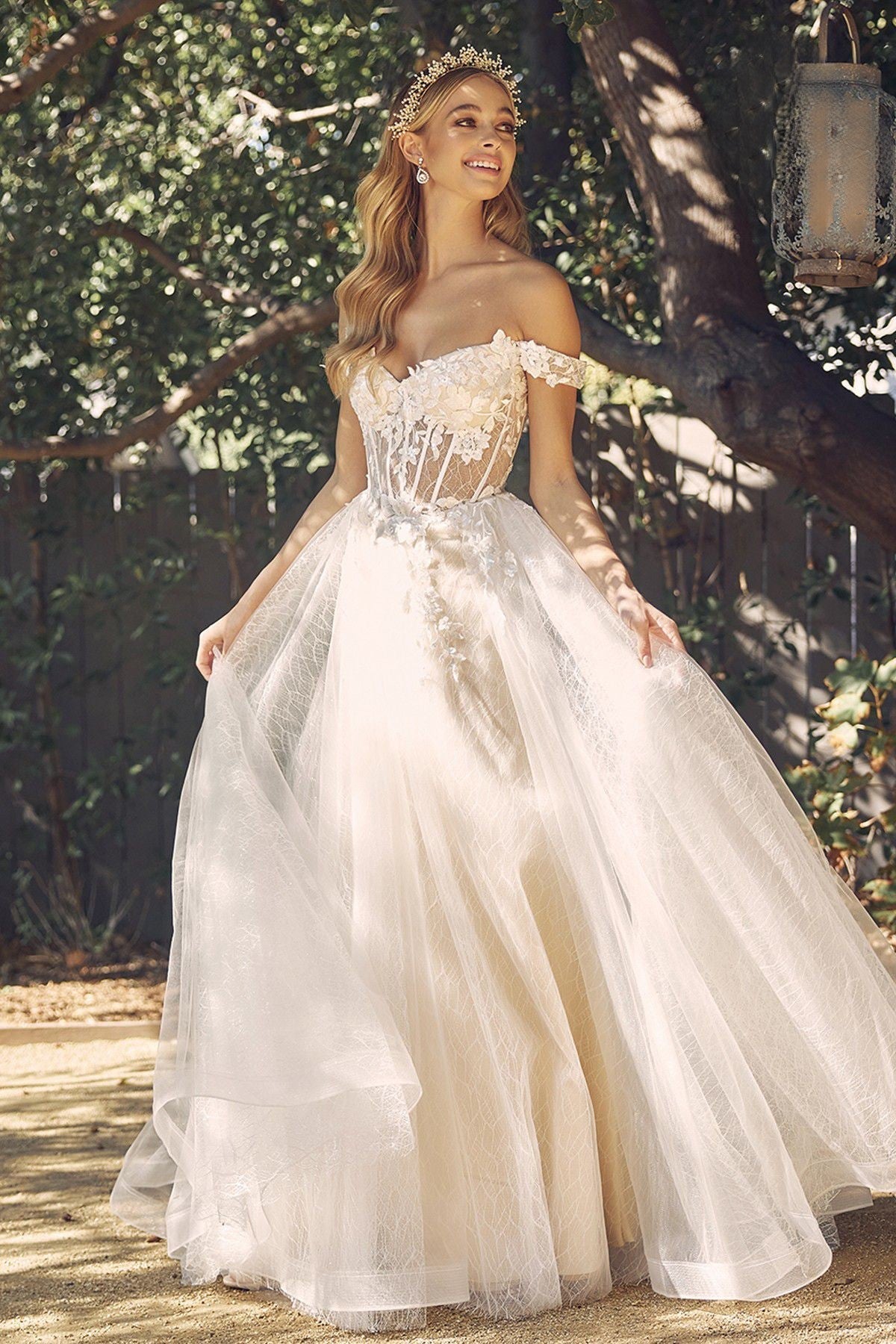 Tulle Off-Shoulder with Floral Bodice Open Back Long Wedding Dress NXC1199W-4