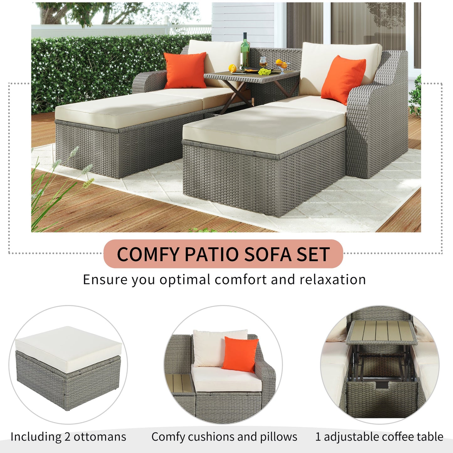 U_STYLE Patio Furniture Sets, 3-Piece Patio Wicker Sofa with  Cushions, Pillows, Ottomans and Lift Top Coffee Table-12