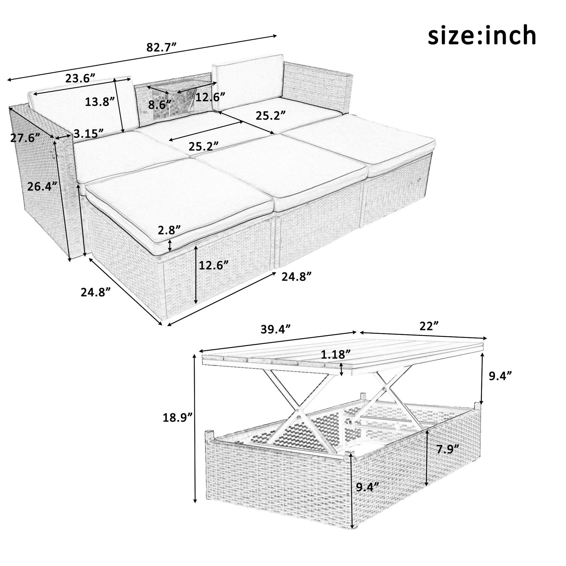 U_STYLE Patio Furniture Sets, 5-Piece Patio Wicker Sofa with Adustable Backrest, Cushions, Ottomans and Lift Top Coffee Table-10