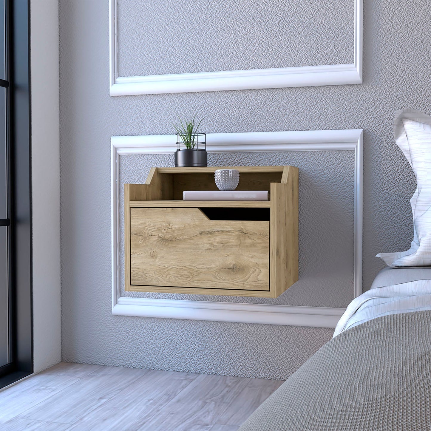 Floating Nightstand Chester, Dual Top Surface with Built-in Drawer Storage, Macadamia Finish-0