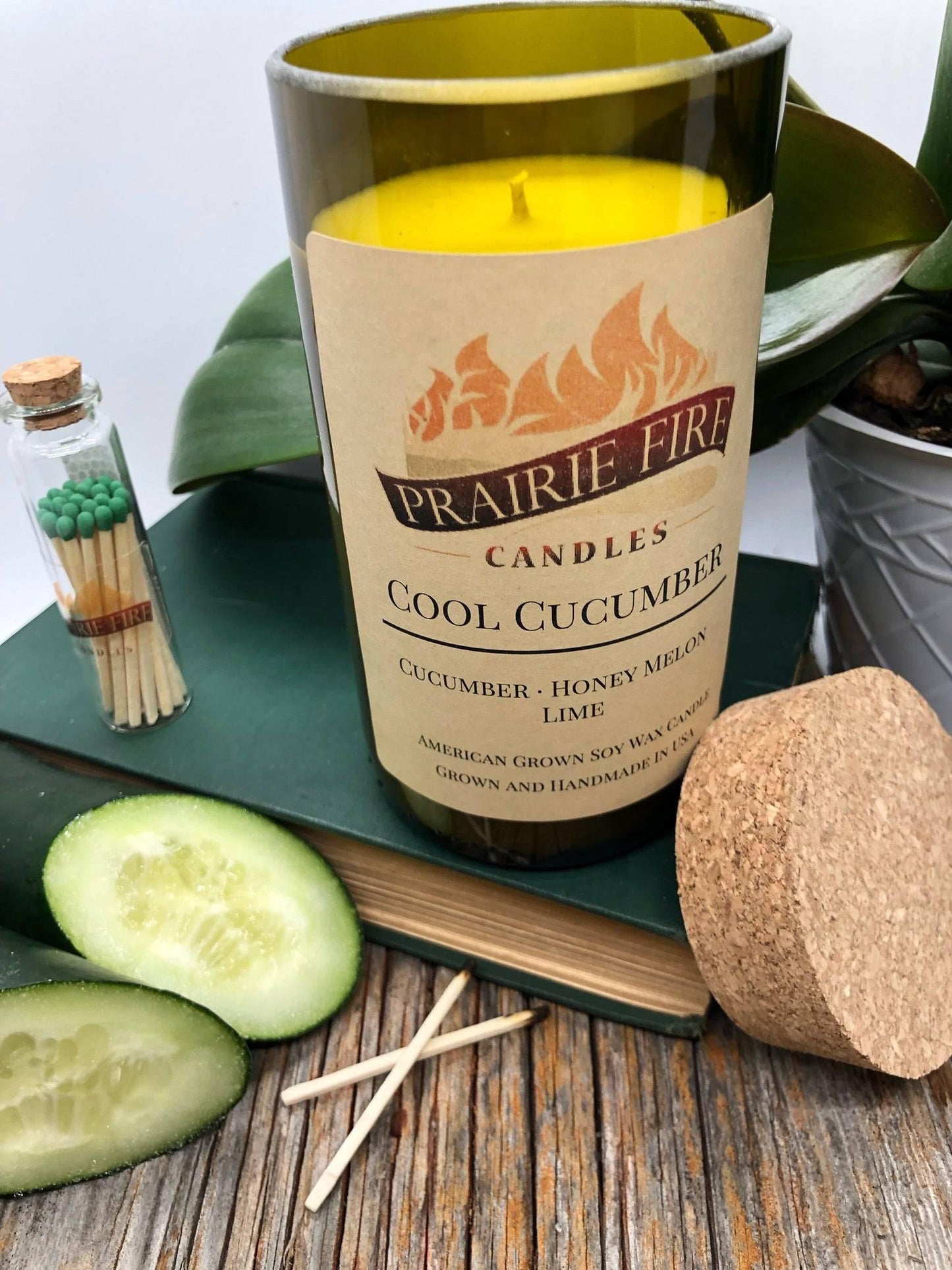 Cool Cucumber Soy Wax Candle | Repurposed Wine Bottle Candle Natural Cork | Handmade in USA Candle | Eco-Friendly Candle | Non-Toxic Soy Candle-0