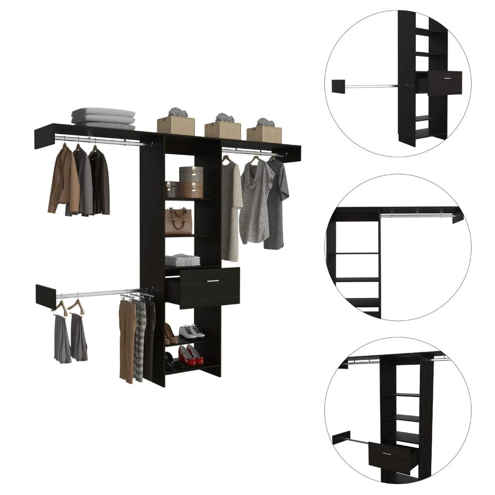 250 Closet System British, One Drawer, Three Metal Rods, Black Wengue Finish-4