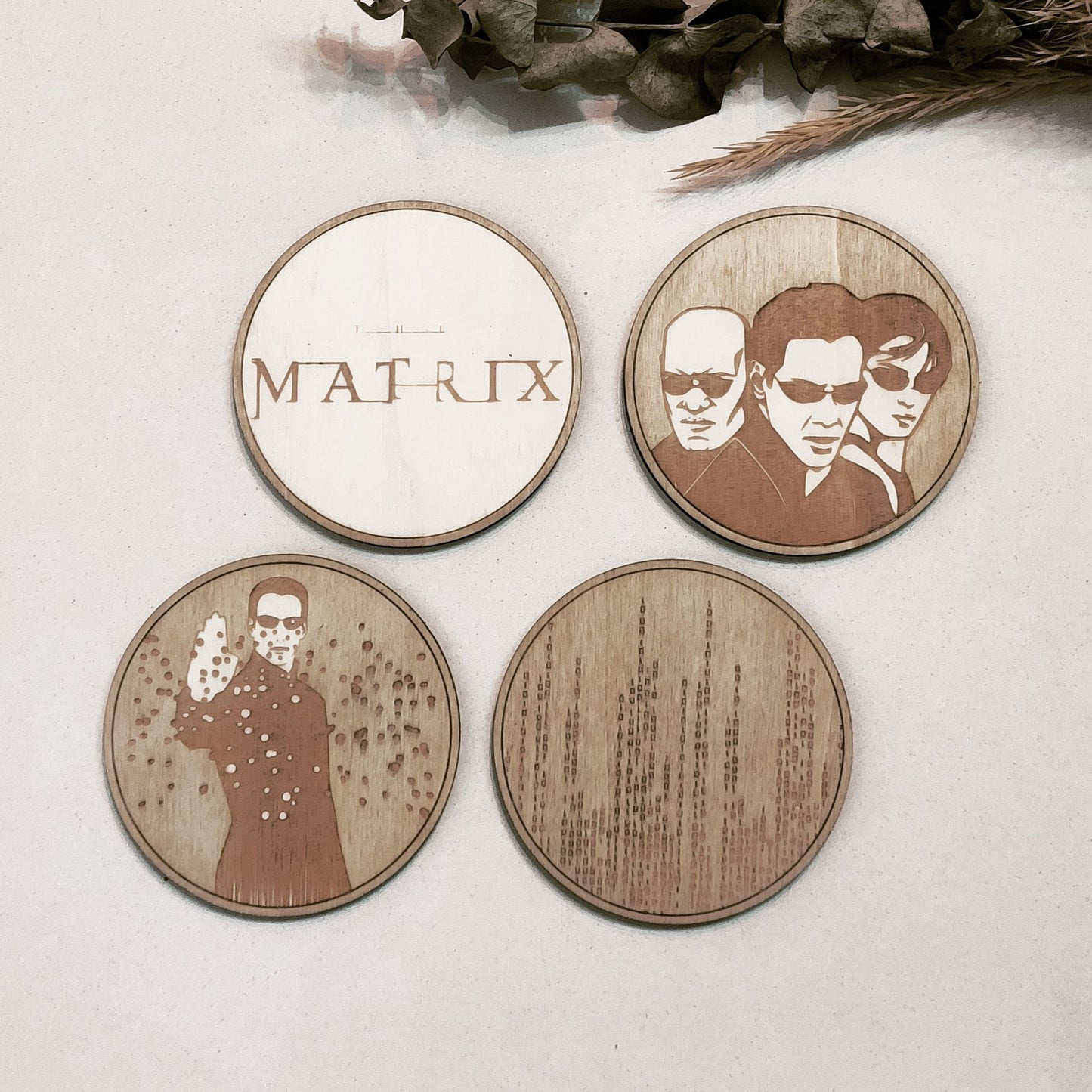 Set of 4 The Matrix Wooden Coasters - Handmade Gift - Housewarming - Wood Kitchenware-0