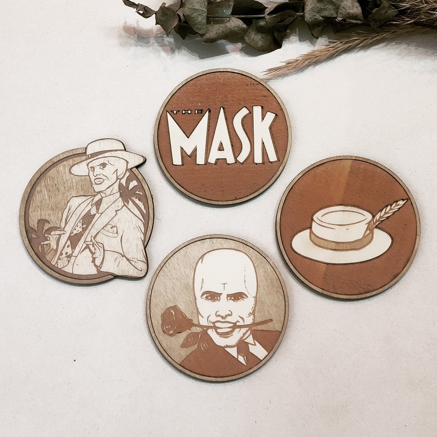 Set of 4 The Mask Wooden Coasters - Handmade Gift - Housewarming - Wood Kitchenware-0