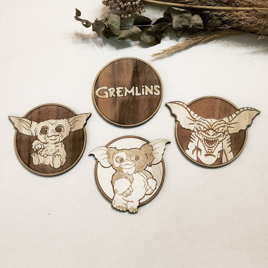 Set of 4 Gremlins Wooden Coasters - Handmade Gift - Housewarming - Wood Kitchenware-0