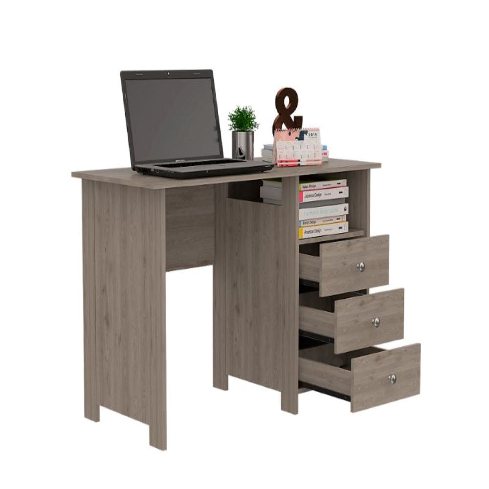 Writing Desk Brentwood with Three Drawers and Open Storage Shelf, Light Gray Finish-3