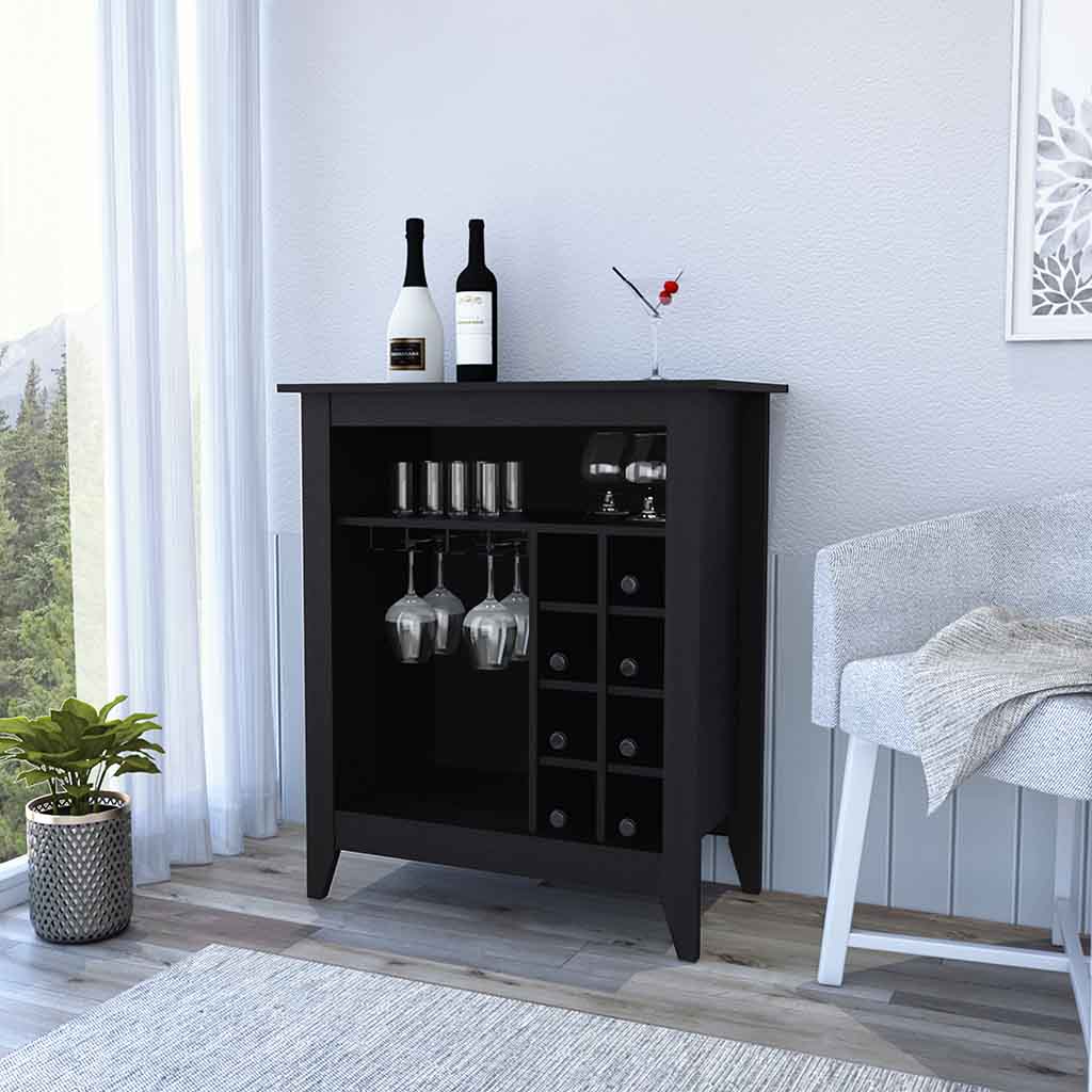 Bar Cabinet Castle, One Open Shelf, Six Wine Cubbies, Black Wengue Finish-0