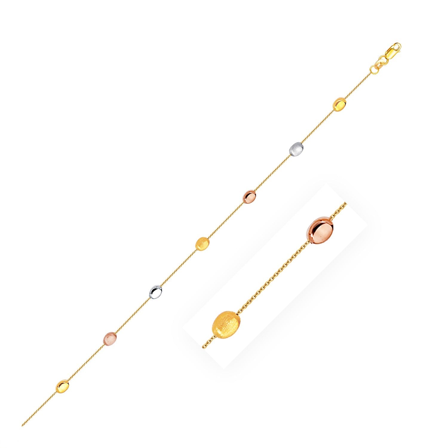 14k Tri-Color Gold Puffed Oval Shape Station Adjustable Anklet-0