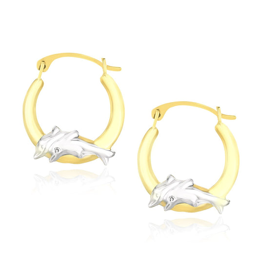 10k Two-Tone Gold Round Graduated Dolphin Design Hoop Earrings-0