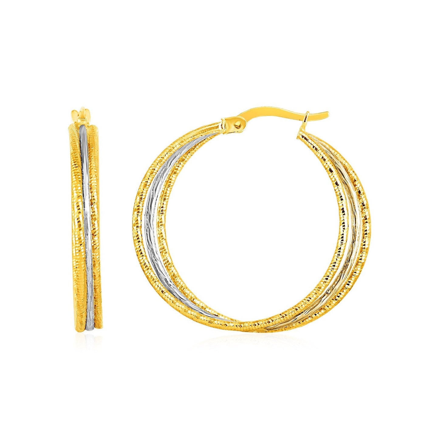 Three Part Textured Hoop Earrings in 14k Yellow and White Gold-0