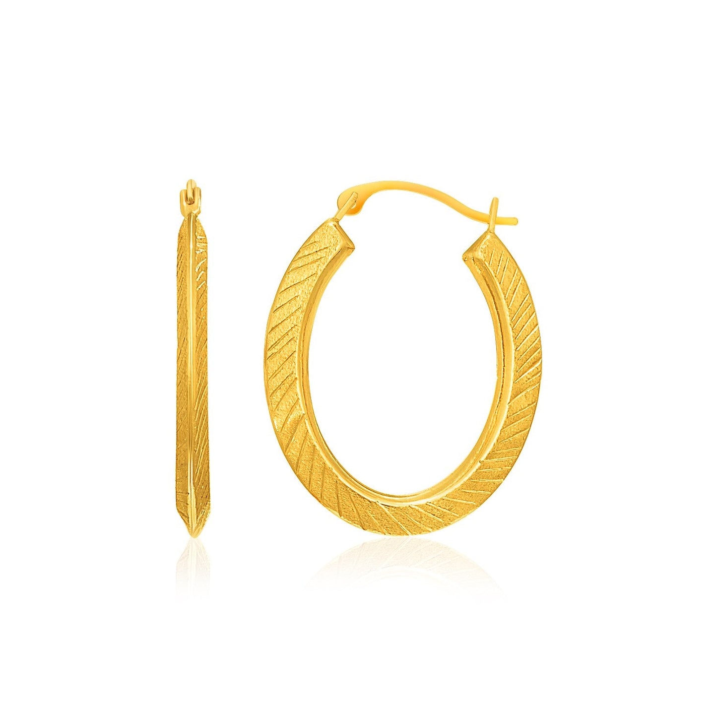 10k Yellow Gold Oval Line Texture Hoop Earrings-0