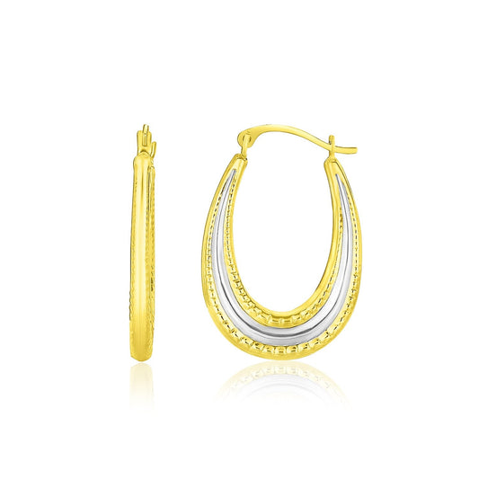 10k Two-Tone Gold Graduated Textured Oval Hoop Earrings-0