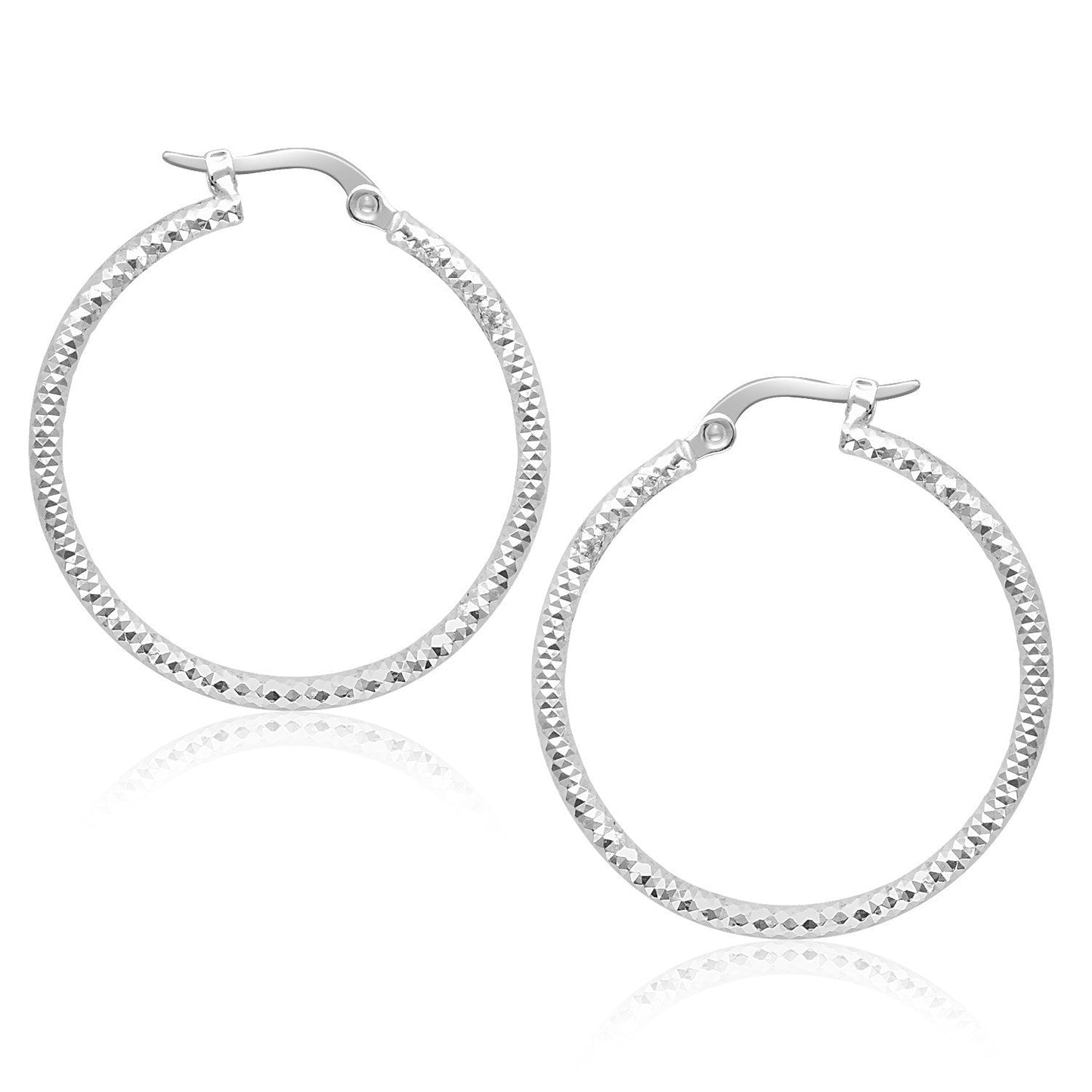 14k White Gold Tube Textured Round Hoop Earrings-0