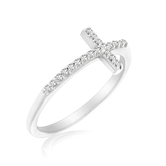 14k White Gold Cross Motif Ring with Diamond Accents (.11cttw)-0